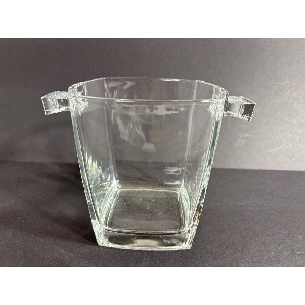 Clear Square Glass Ice Bucket Bowl with Handles Vase Made in France 5.75” Tall